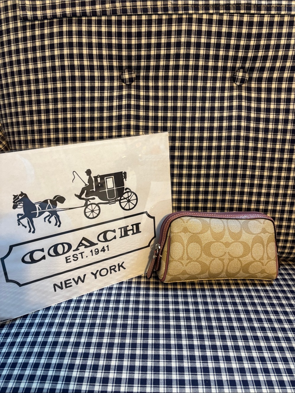 Coach Khaki Signature Canvas Cosmetic Case with mauve  Trim